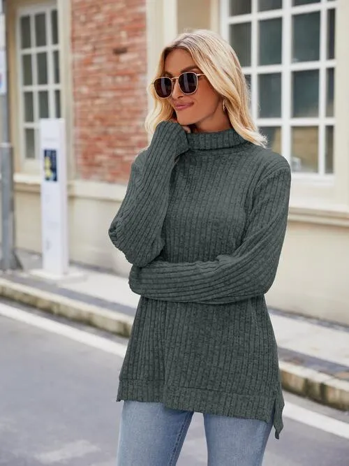 Ribbed Turtleneck Long Sleeve Slit Knit Top (8 Colors)