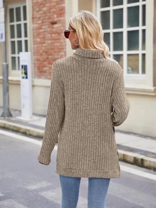 Ribbed Turtleneck Long Sleeve Slit Knit Top (8 Colors)