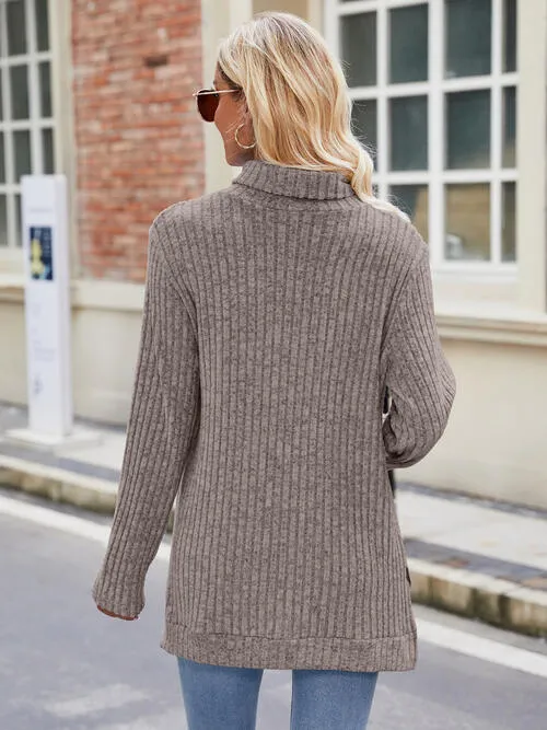 Ribbed Turtleneck Long Sleeve Slit Knit Top (8 Colors)