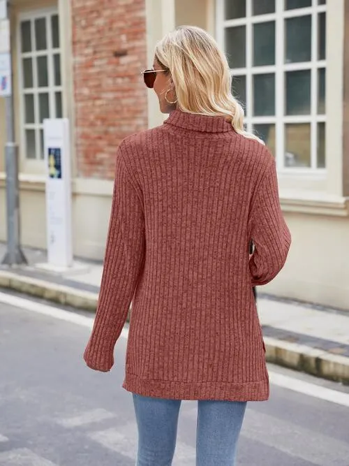Ribbed Turtleneck Long Sleeve Slit Knit Top (8 Colors)
