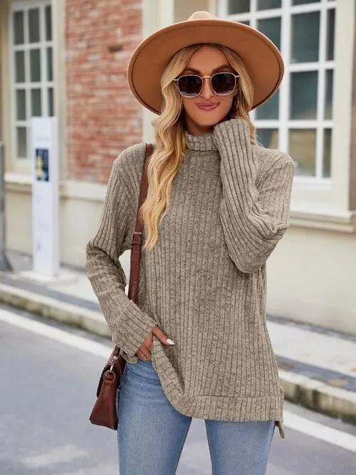 Ribbed Turtleneck Long Sleeve Slit Knit Top (8 Colors)