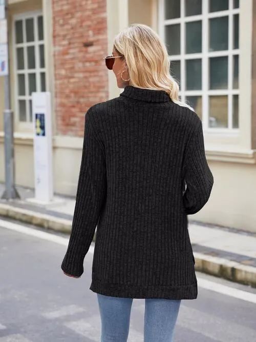 Ribbed Turtleneck Long Sleeve Slit Knit Top (8 Colors)