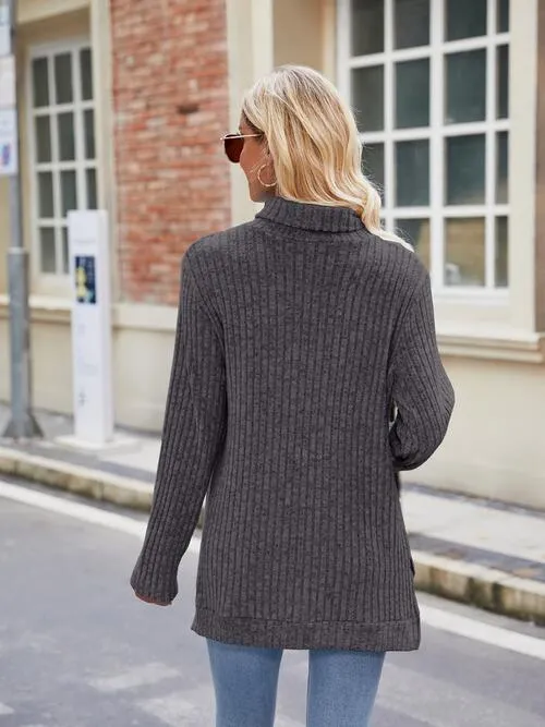 Ribbed Turtleneck Long Sleeve Slit Knit Top (8 Colors)