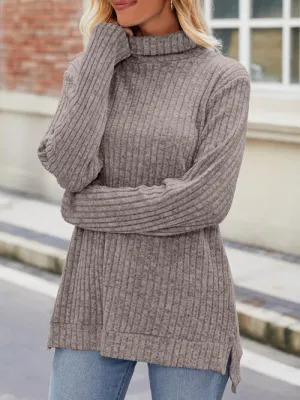 Ribbed Turtleneck Long Sleeve Slit Knit Top (8 Colors)