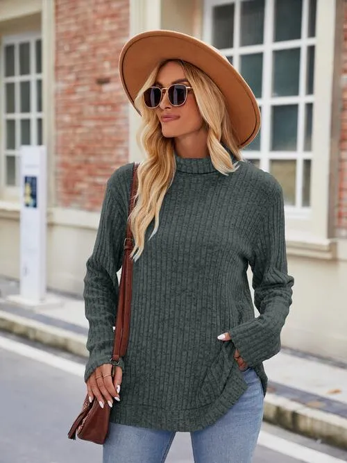 Ribbed Turtleneck Long Sleeve Slit Knit Top (8 Colors)