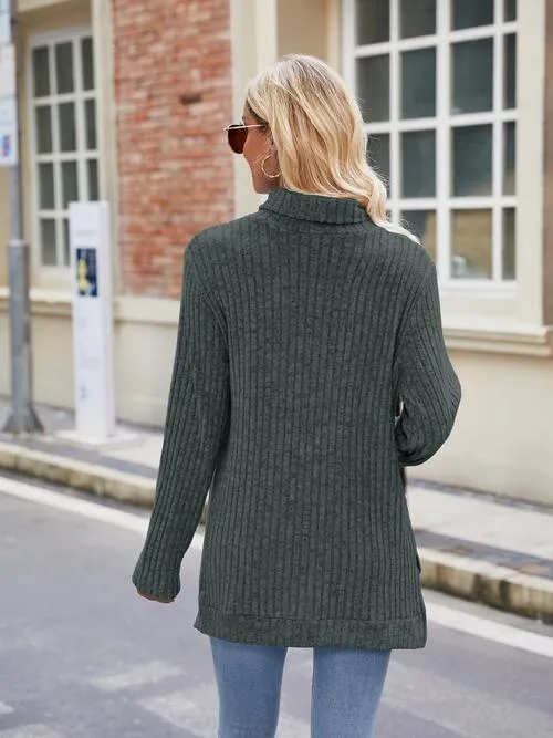 Ribbed Turtleneck Long Sleeve Slit Knit Top (8 Colors)