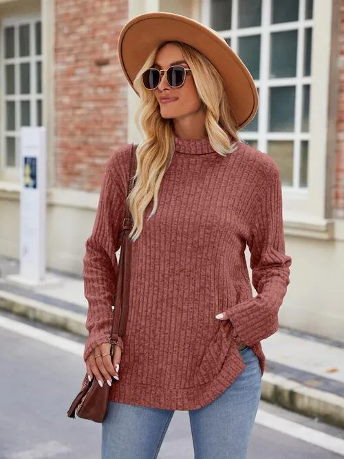 Ribbed Turtleneck Long Sleeve Slit Knit Top (8 Colors)