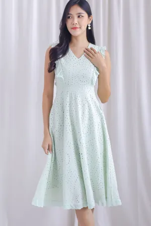 Rivia Eyelet Ruffled Flare Dress In Mint Green