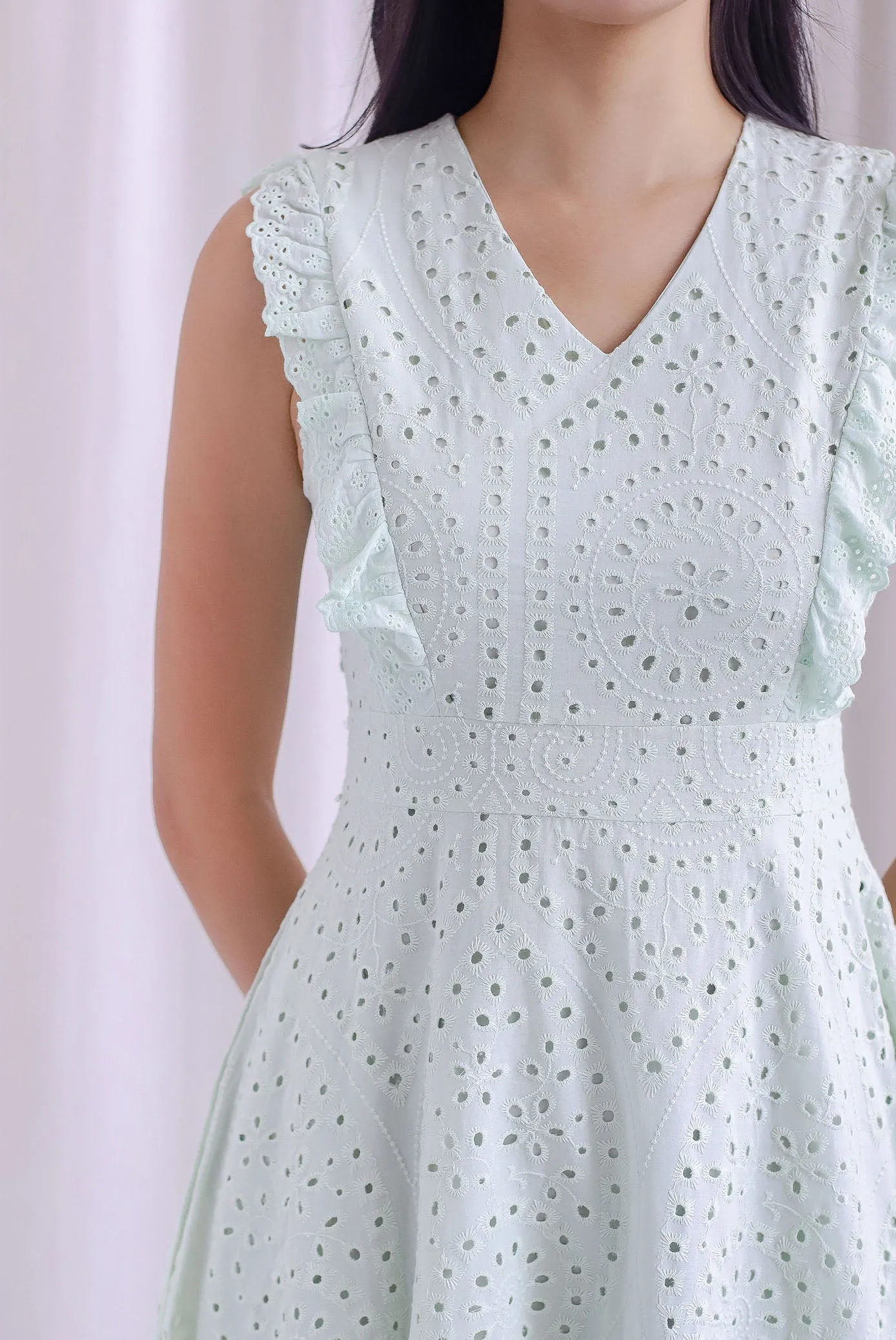 Rivia Eyelet Ruffled Flare Dress In Mint Green