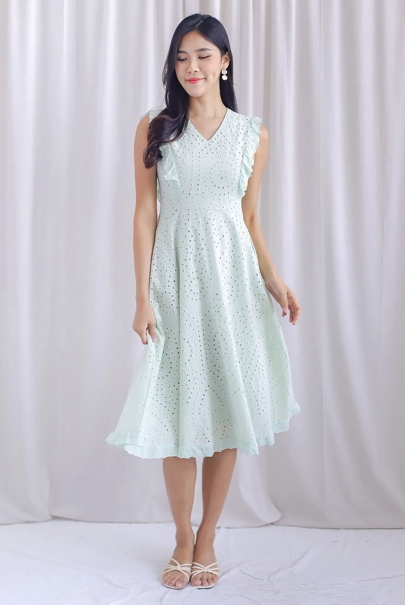 Rivia Eyelet Ruffled Flare Dress In Mint Green