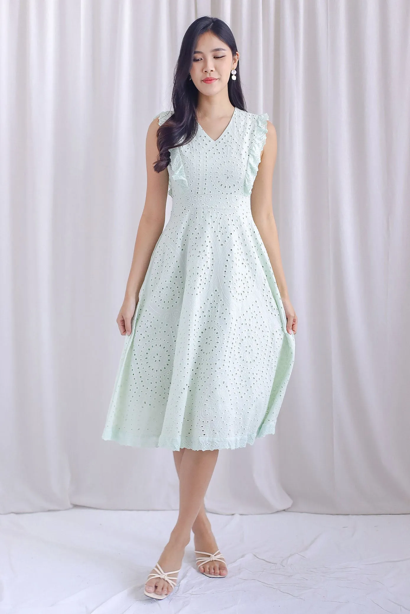Rivia Eyelet Ruffled Flare Dress In Mint Green