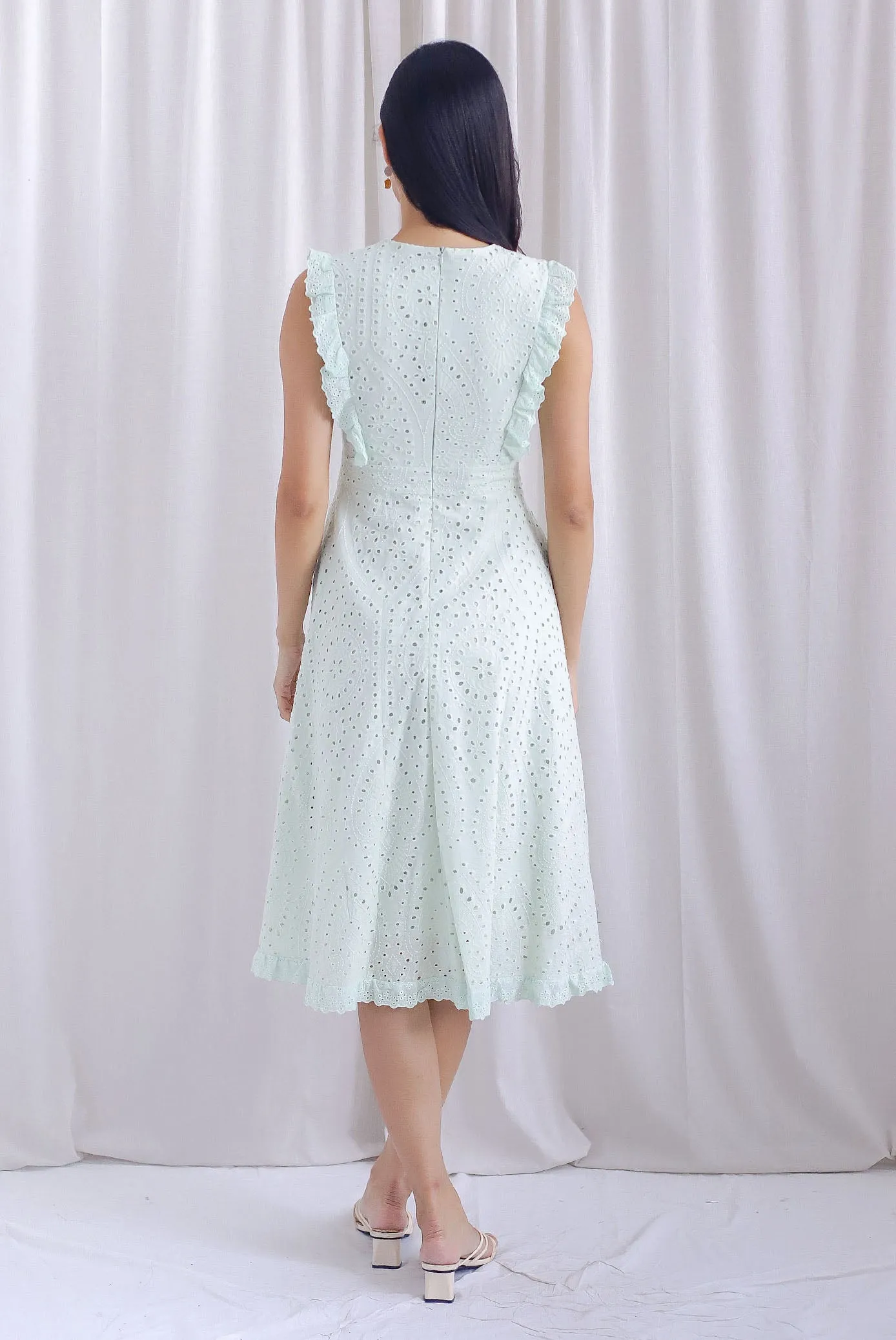 Rivia Eyelet Ruffled Flare Dress In Mint Green