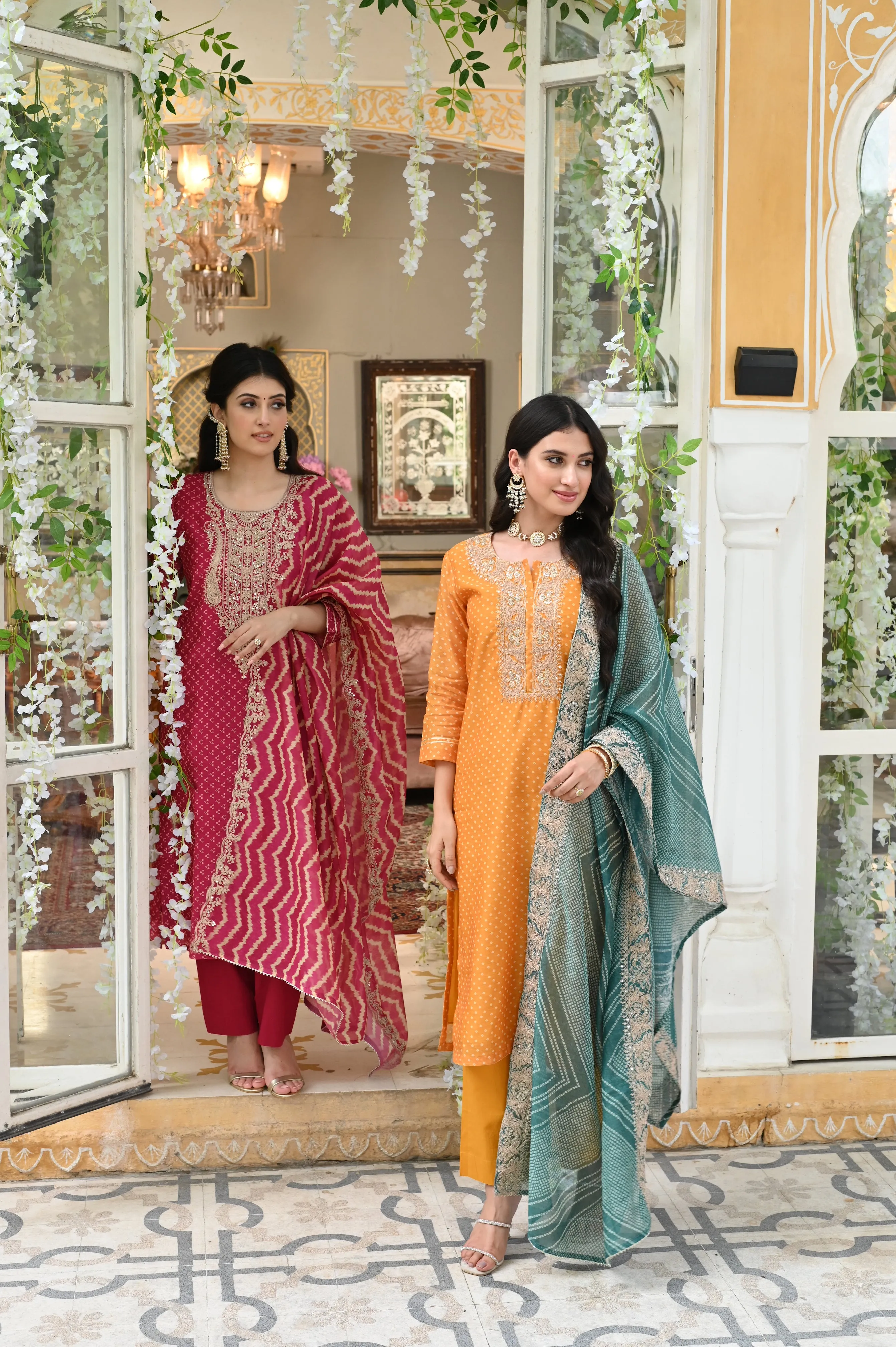 Rooh chanderi Suit Set with Marodi Work on Neck and Scallop Border Dupatta