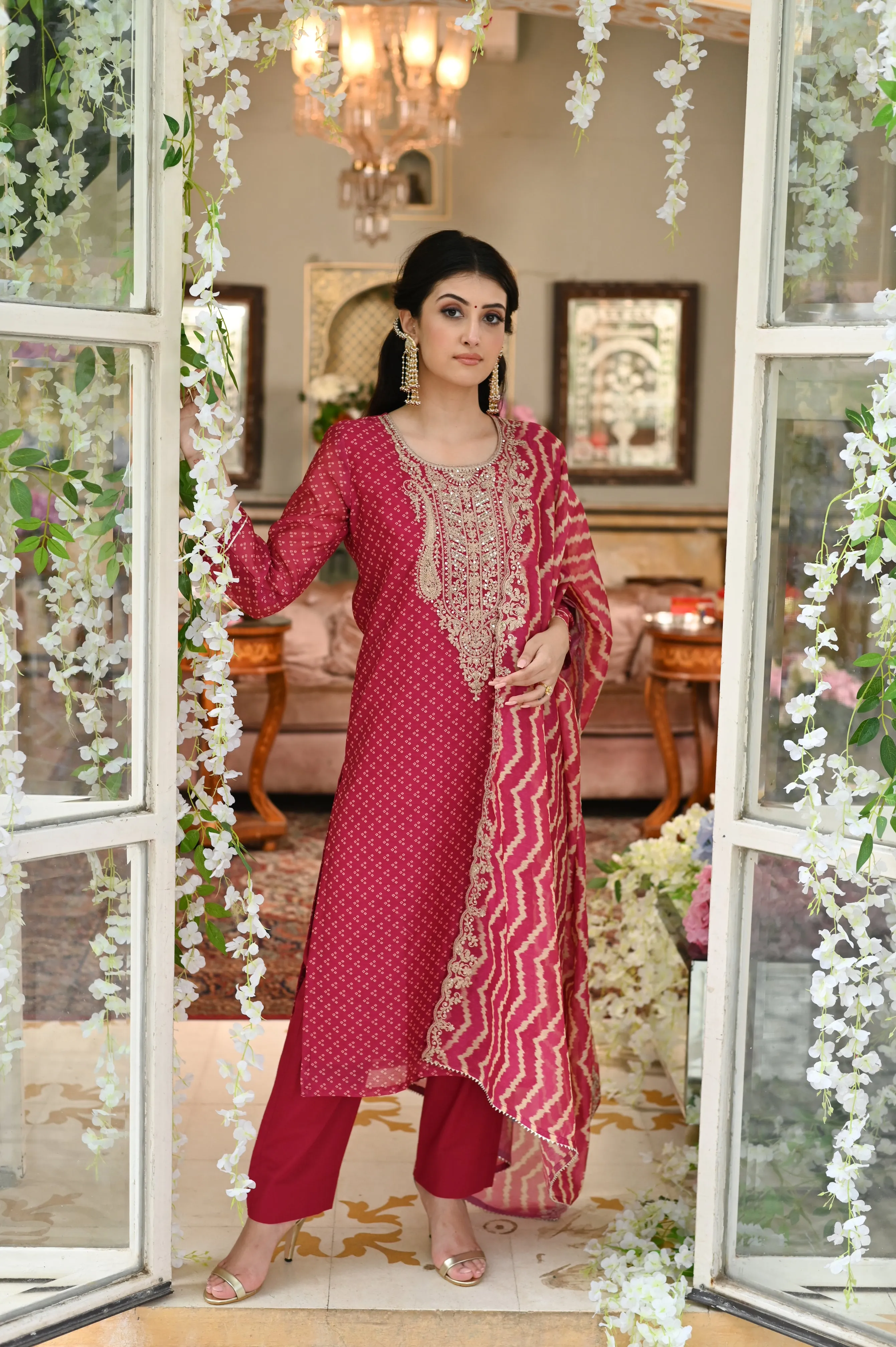 Rooh chanderi Suit Set with Marodi Work on Neck and Scallop Border Dupatta