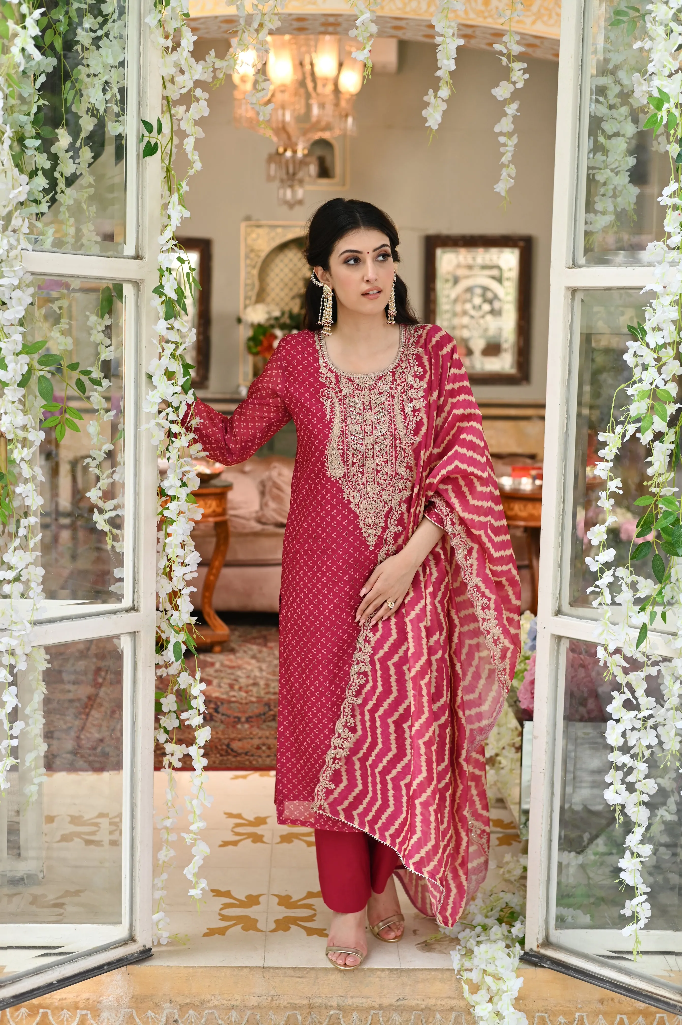 Rooh chanderi Suit Set with Marodi Work on Neck and Scallop Border Dupatta