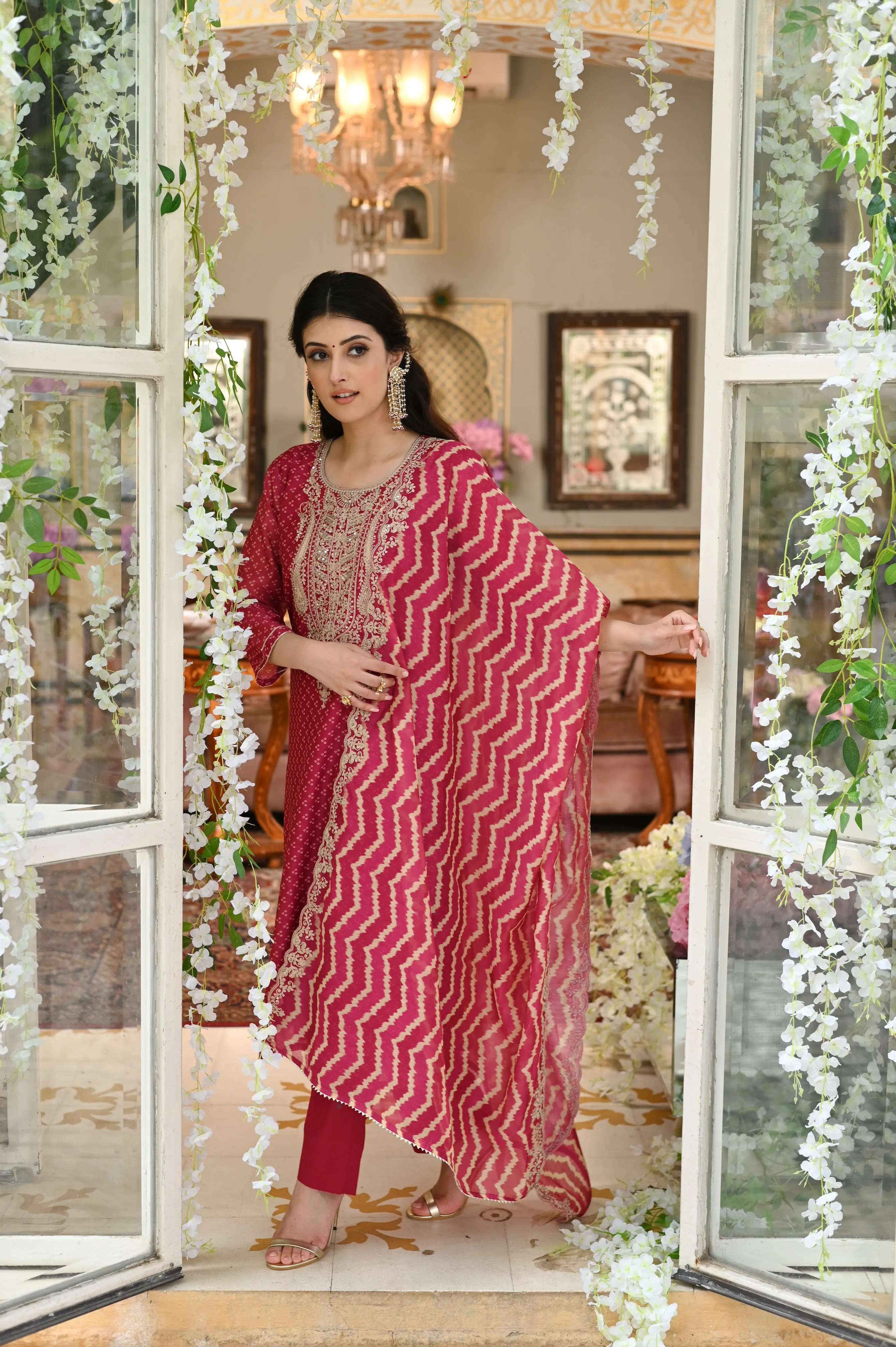 Rooh chanderi Suit Set with Marodi Work on Neck and Scallop Border Dupatta