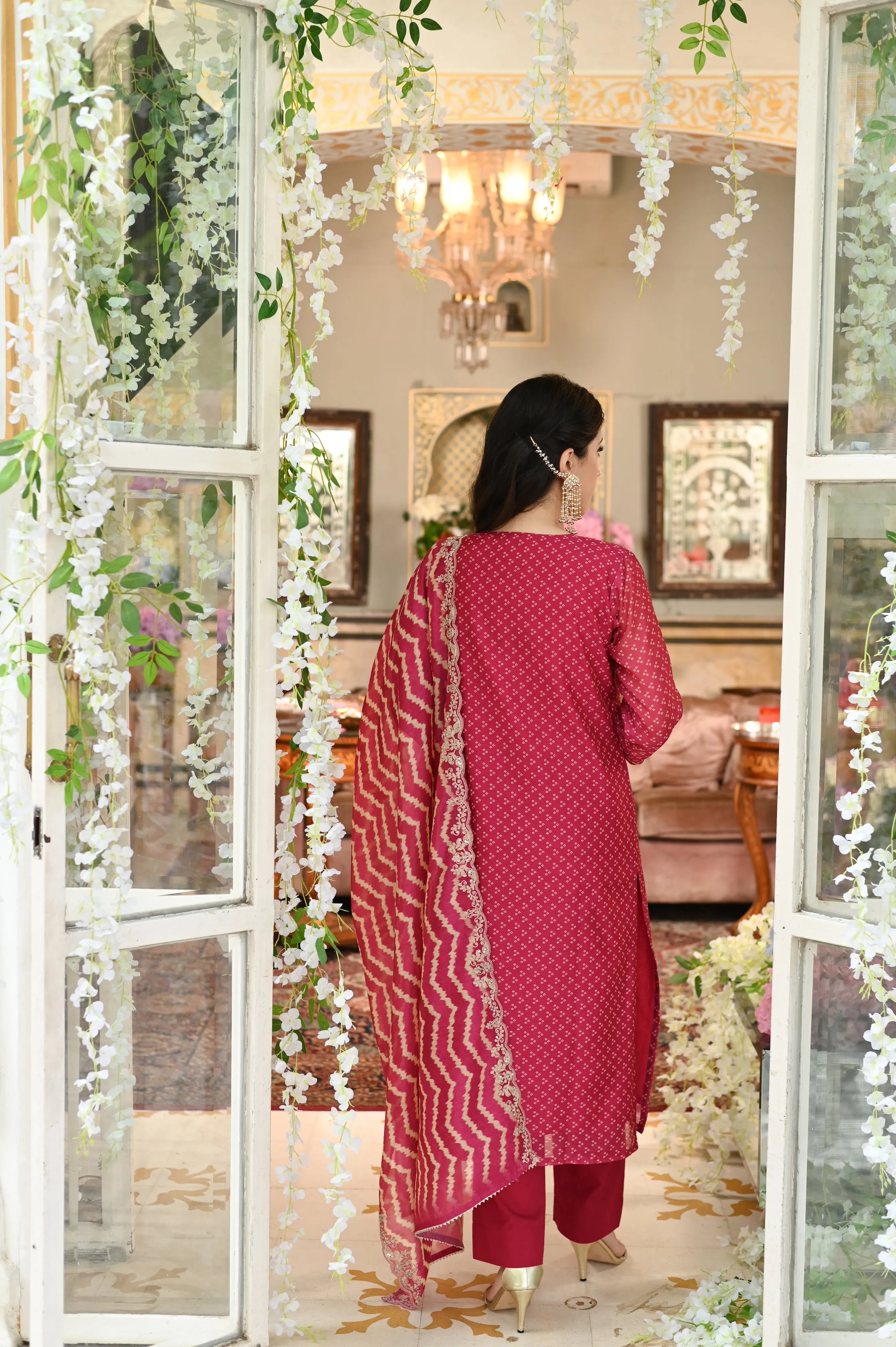Rooh chanderi Suit Set with Marodi Work on Neck and Scallop Border Dupatta