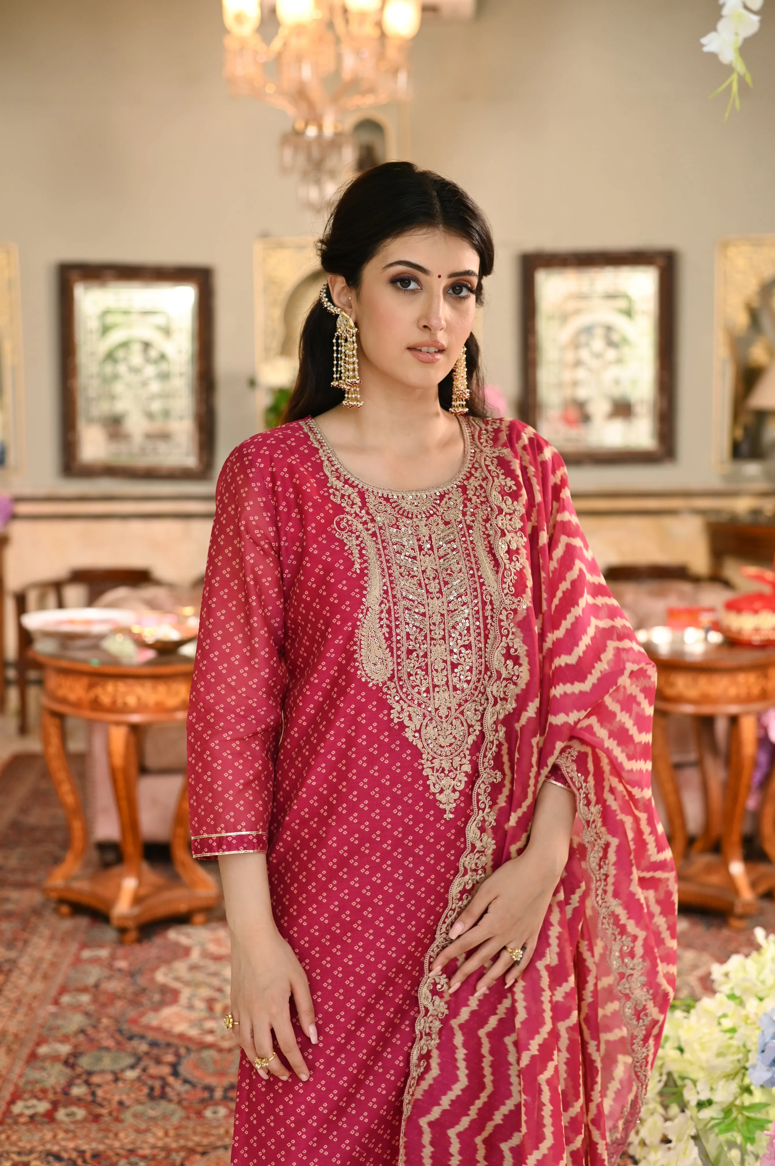 Rooh chanderi Suit Set with Marodi Work on Neck and Scallop Border Dupatta