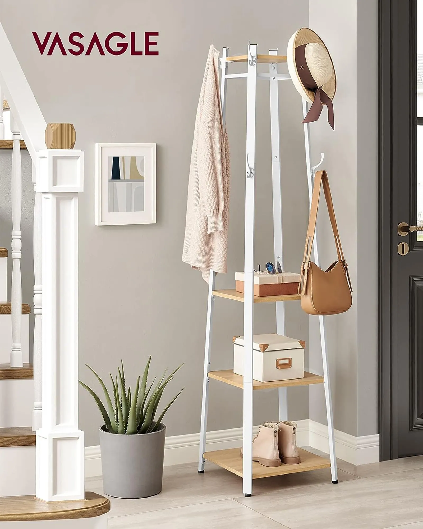 Rootz Coat Rack - Oak White - Chipboard Steel - Entryway Organizer - Space Saving - Easy Assembly - 43cm x 43cm x 180cm