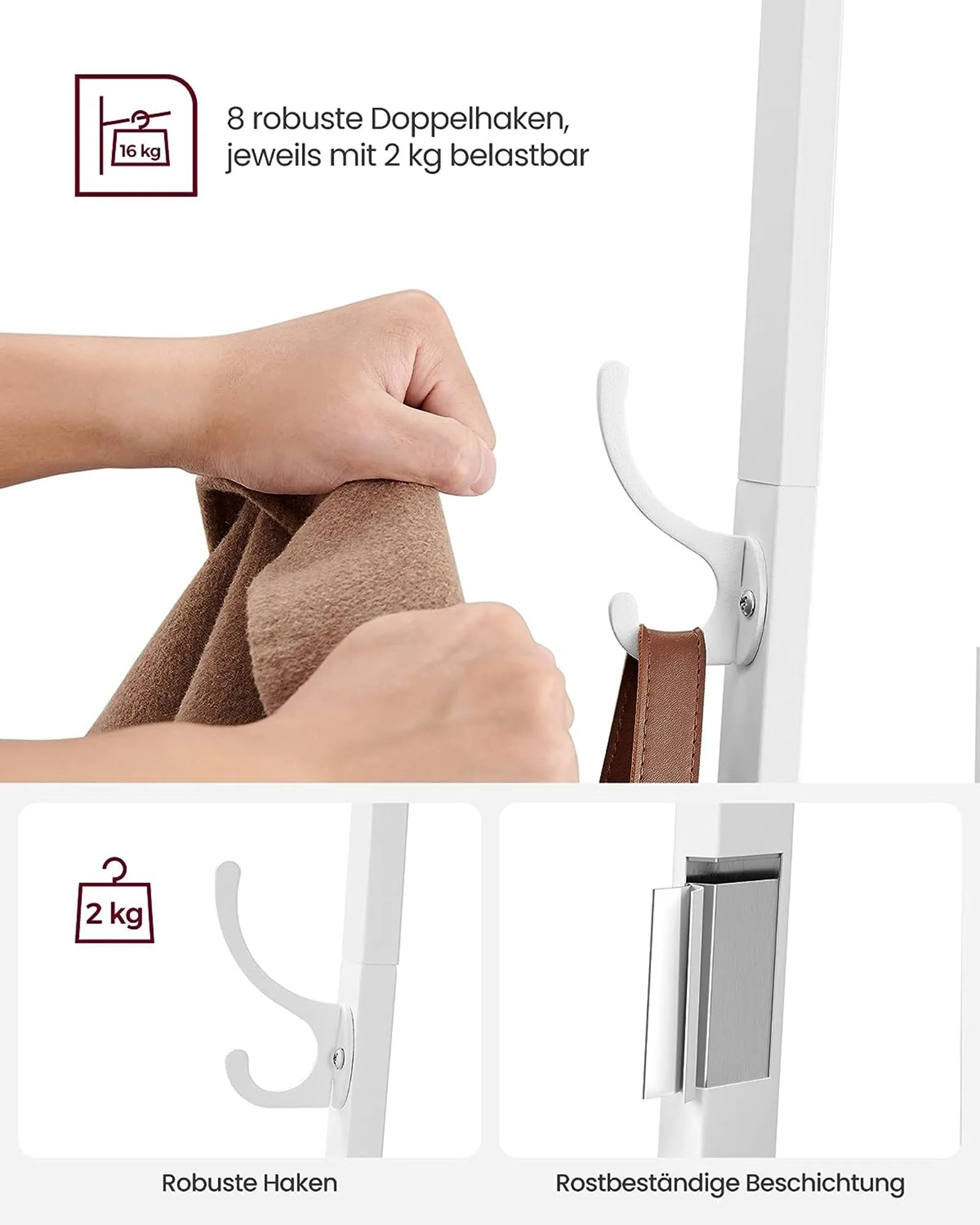Rootz Coat Rack - Oak White - Chipboard Steel - Entryway Organizer - Space Saving - Easy Assembly - 43cm x 43cm x 180cm