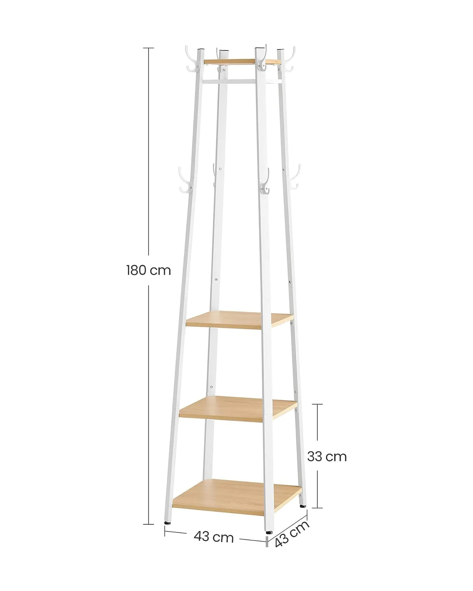 Rootz Coat Rack - Oak White - Chipboard Steel - Entryway Organizer - Space Saving - Easy Assembly - 43cm x 43cm x 180cm