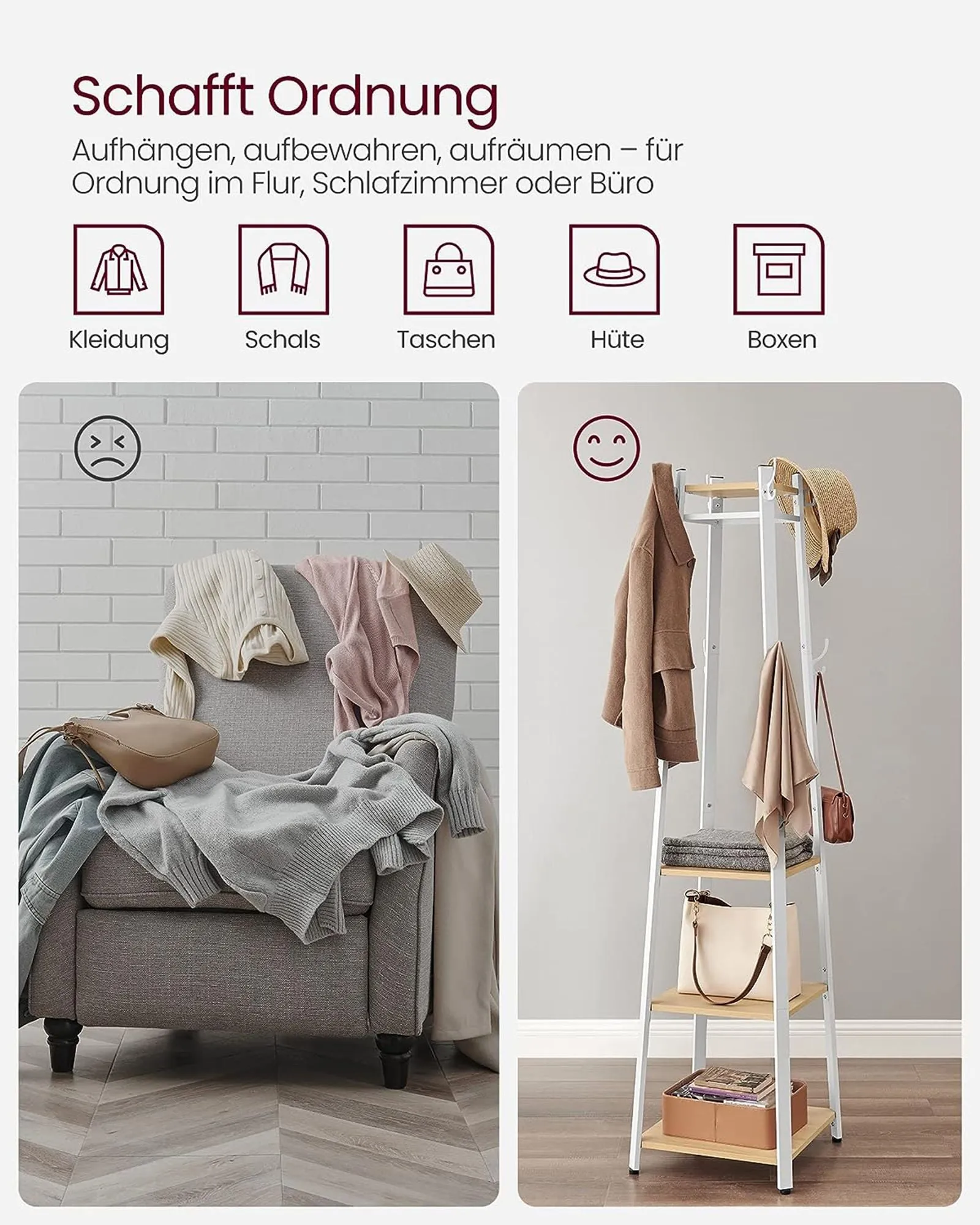 Rootz Coat Rack - Oak White - Chipboard Steel - Entryway Organizer - Space Saving - Easy Assembly - 43cm x 43cm x 180cm