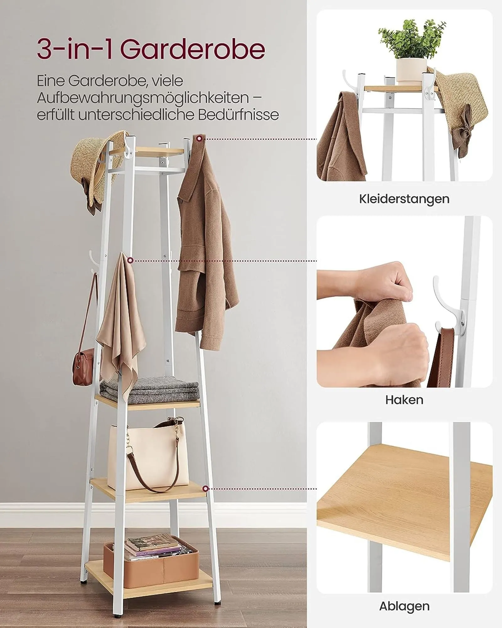 Rootz Coat Rack - Oak White - Chipboard Steel - Entryway Organizer - Space Saving - Easy Assembly - 43cm x 43cm x 180cm