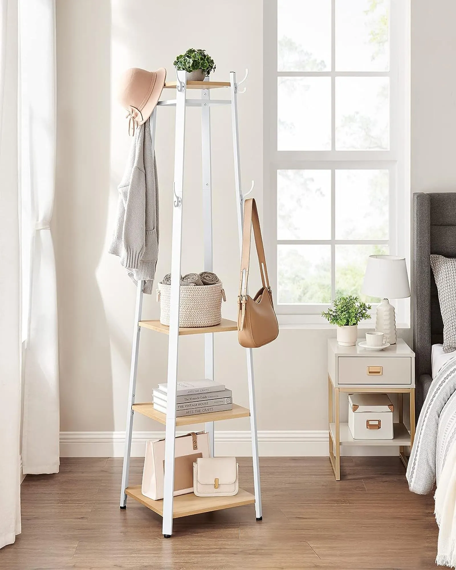 Rootz Coat Rack - Oak White - Chipboard Steel - Entryway Organizer - Space Saving - Easy Assembly - 43cm x 43cm x 180cm