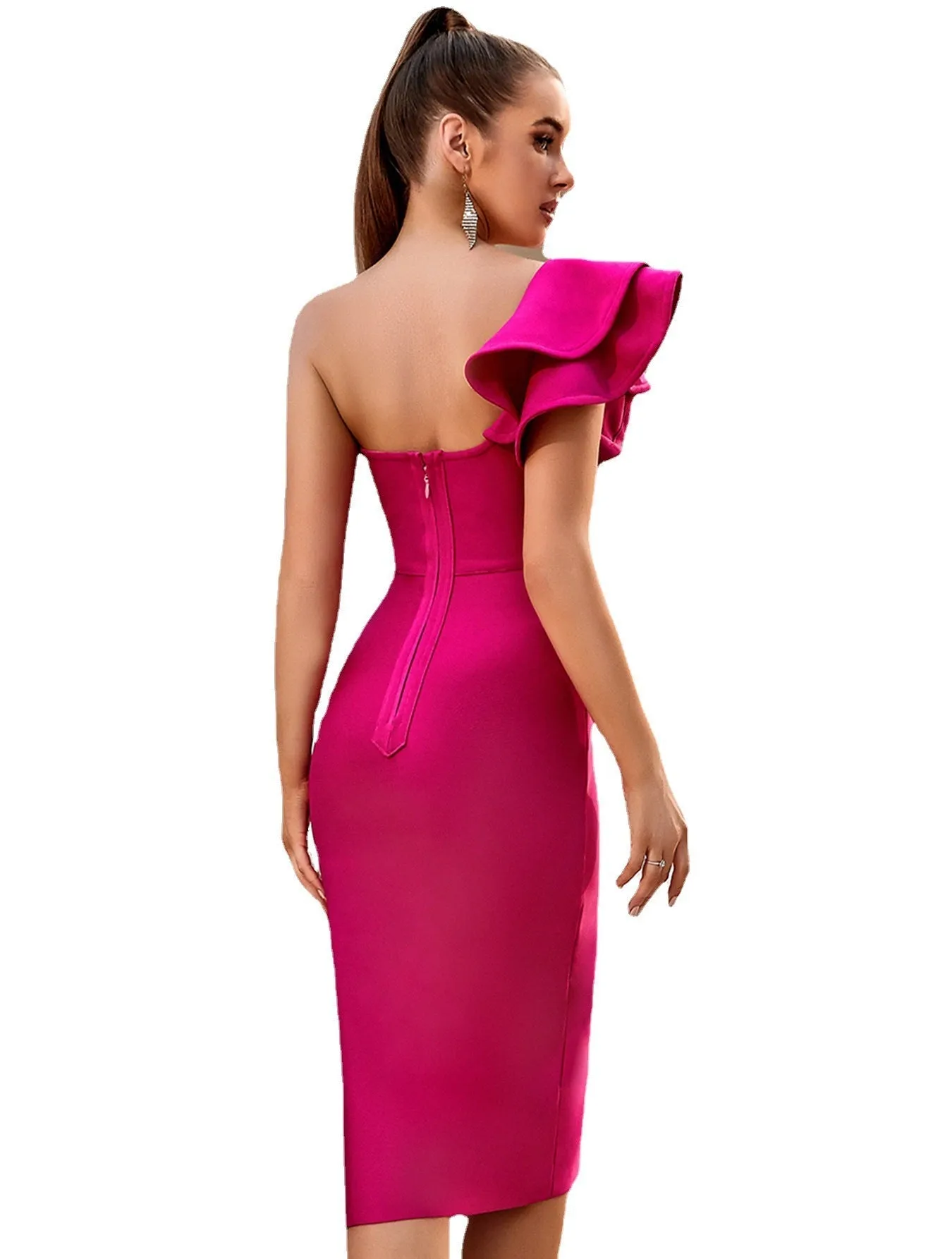 Ruffled Corset Midi Dress with One-Shoulder
