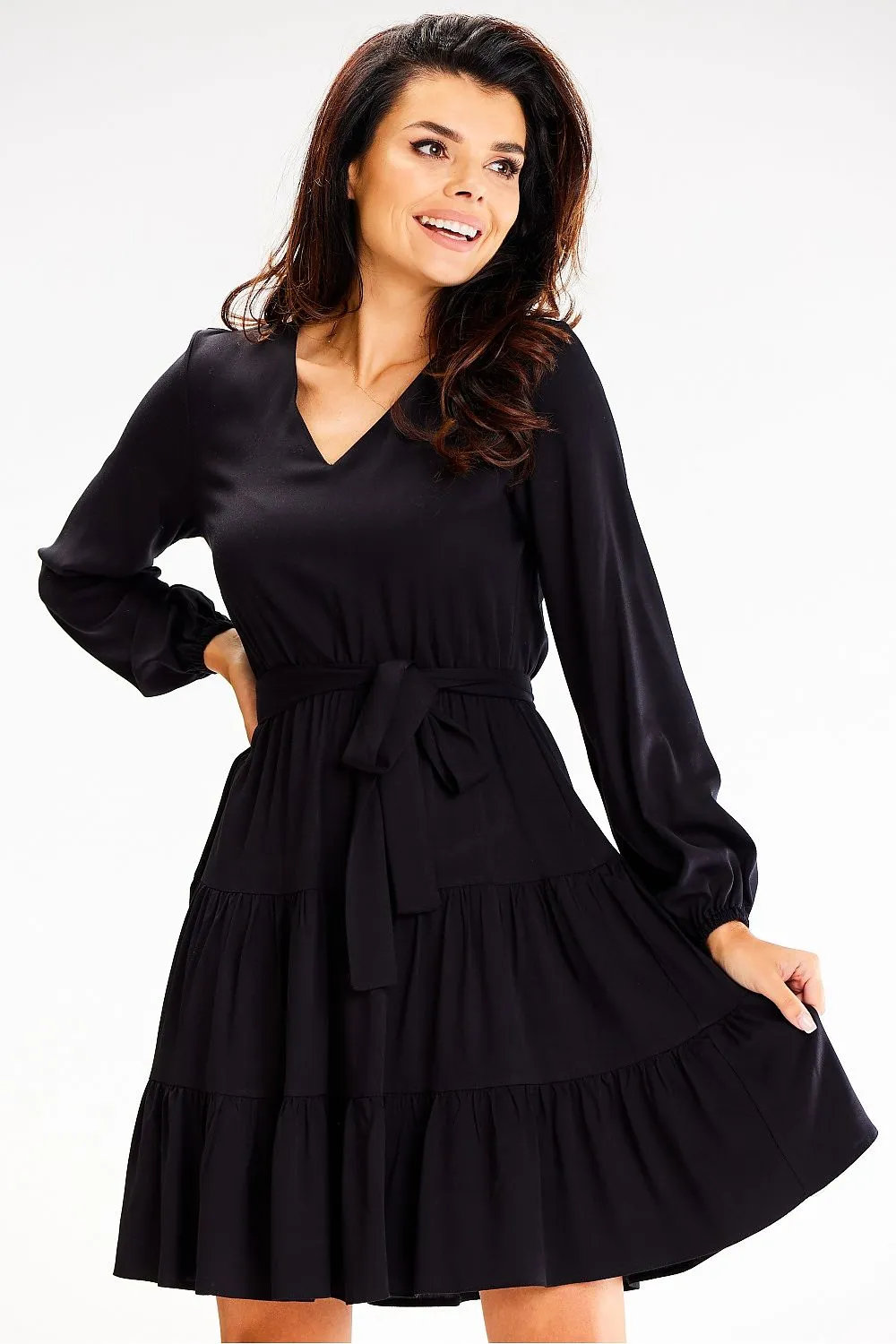 Ruffled Long-Sleeve Flared Dress