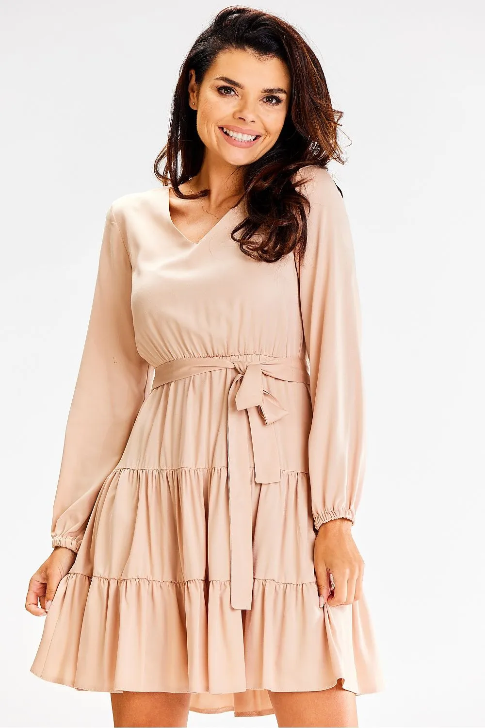 Ruffled Long-Sleeve Flared Dress