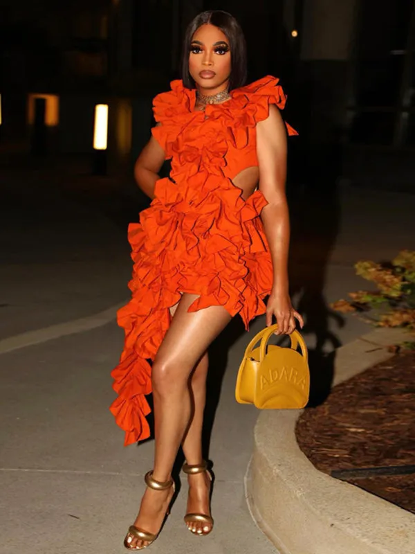 Ruffled Mini Dress with Asymmetrical Hem and Backless Design