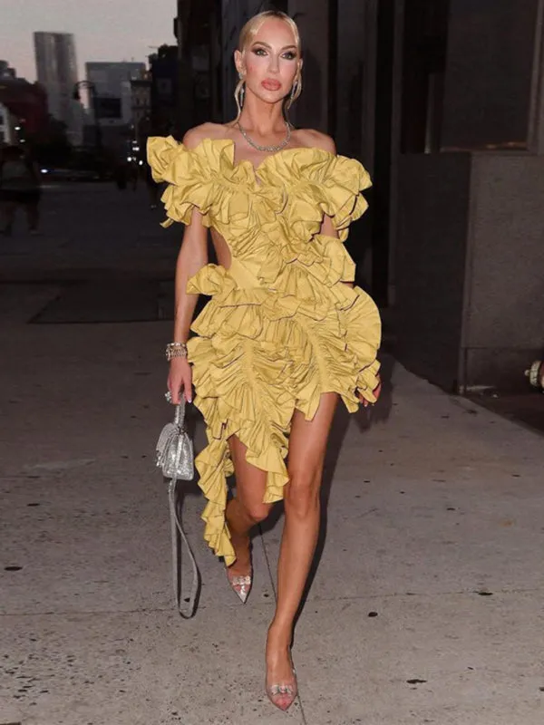 Ruffled Mini Dress with Asymmetrical Hem and Backless Design