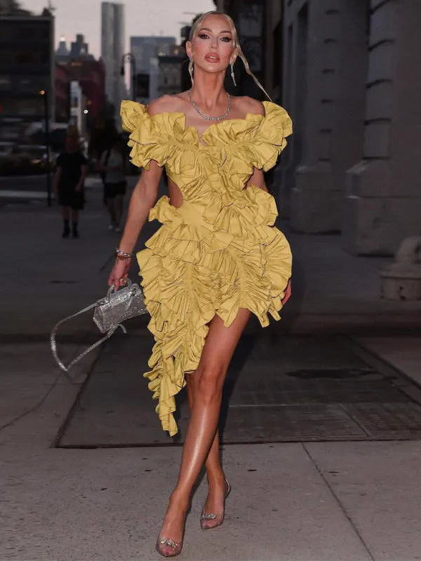 Ruffled Mini Dress with Asymmetrical Hem and Backless Design
