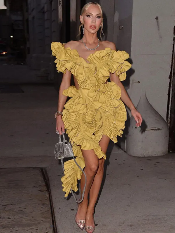 Ruffled Mini Dress with Asymmetrical Hem and Backless Design