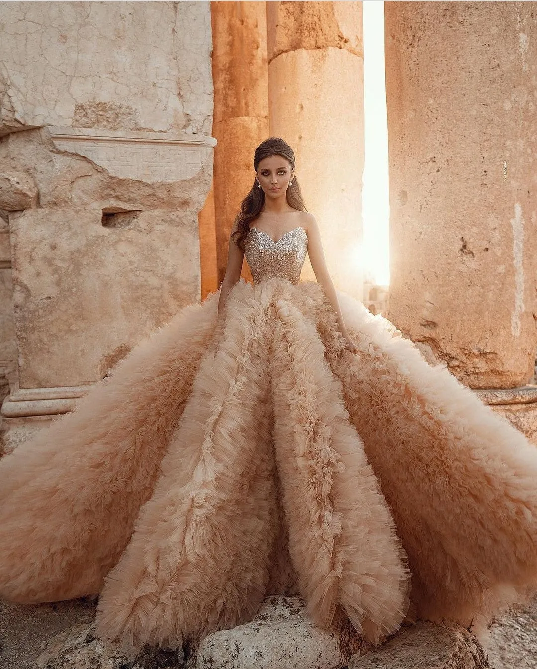 Ruffled Tulle Champagne Ball Gown Wedding Dresses 2021