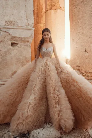 Ruffled Tulle Champagne Ball Gown Wedding Dresses 2021