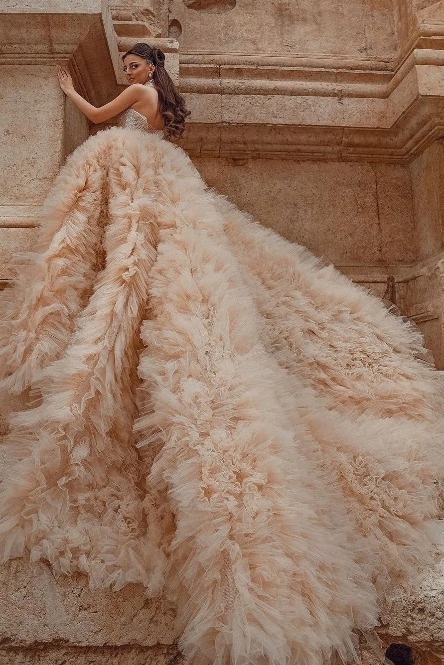 Ruffled Tulle Champagne Ball Gown Wedding Dresses 2021