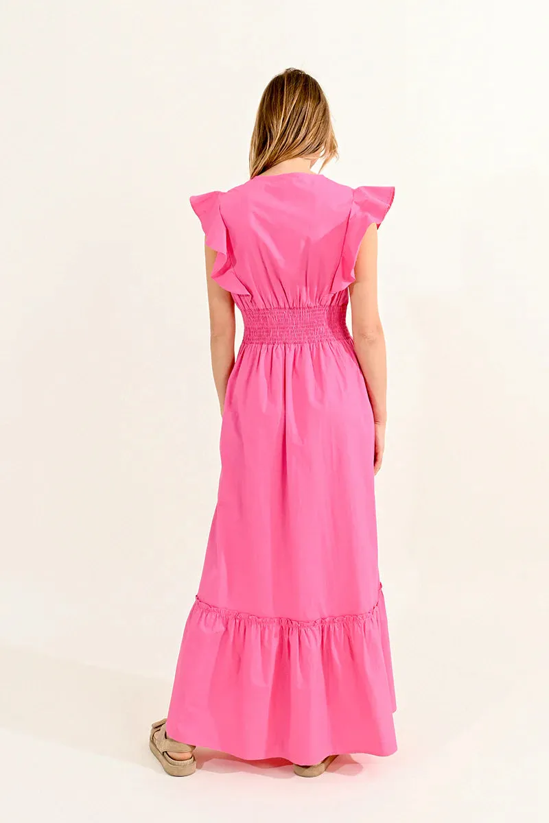 Ruffled V-Neck Dress - Pink