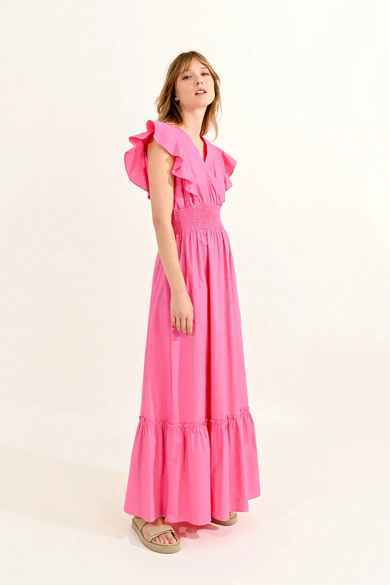 Ruffled V-Neck Dress - Pink