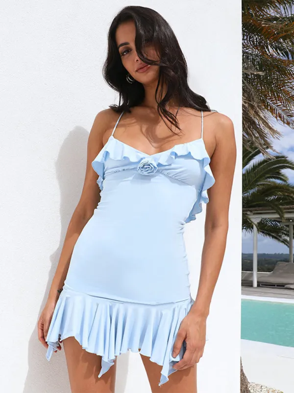 Ruffled V-neck Mini Dress with Spaghetti Straps