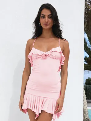 Ruffled V-neck Mini Dress with Spaghetti Straps