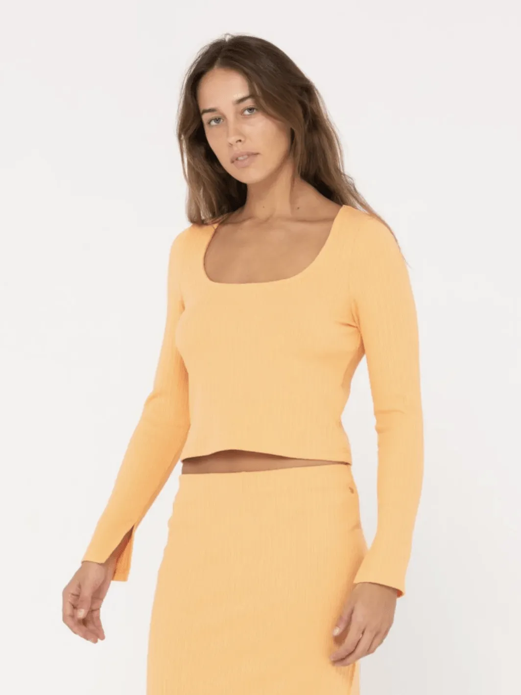 RUSTY Scarlett Ribbed Long Sleeve Top - Apricot Blush