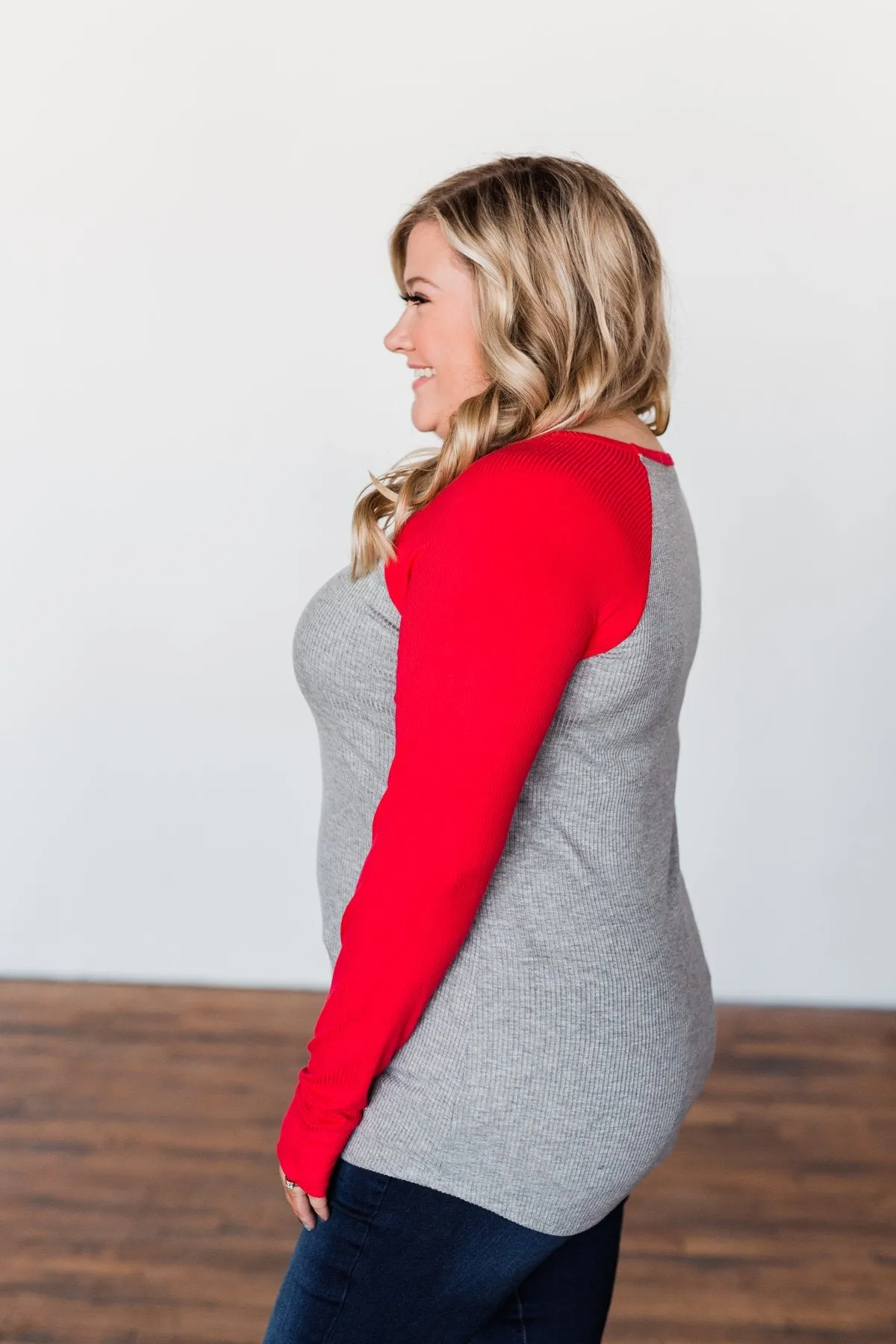 Season Awaits Long Sleeve Raglan Top- Deep Coral
