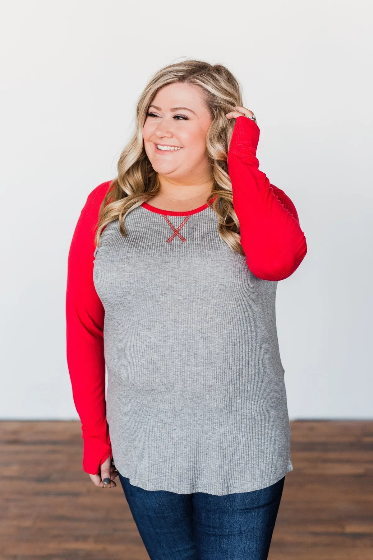 Season Awaits Long Sleeve Raglan Top- Deep Coral