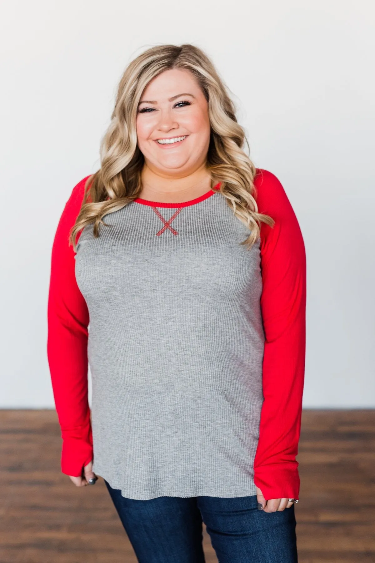 Season Awaits Long Sleeve Raglan Top- Deep Coral