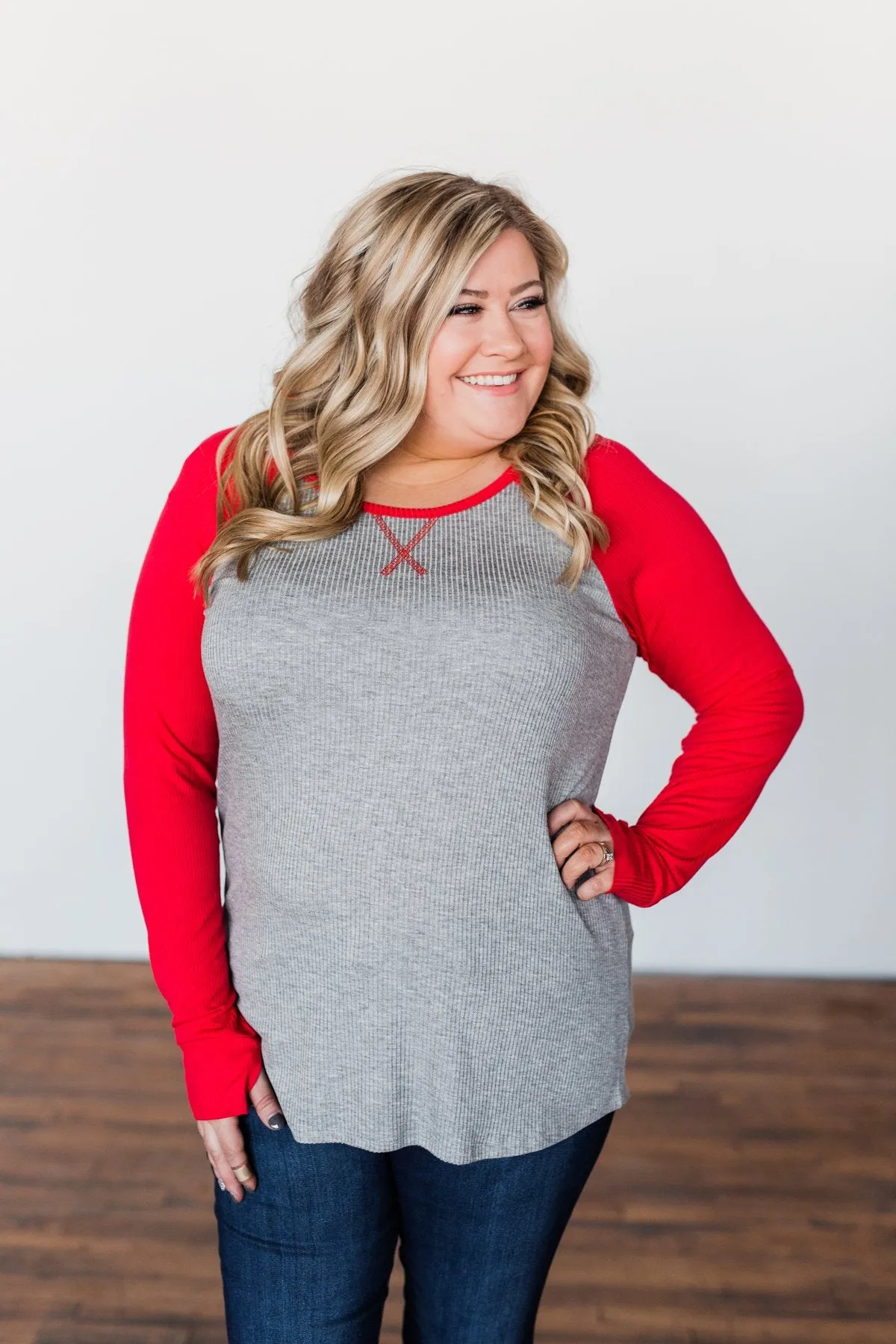 Season Awaits Long Sleeve Raglan Top- Deep Coral