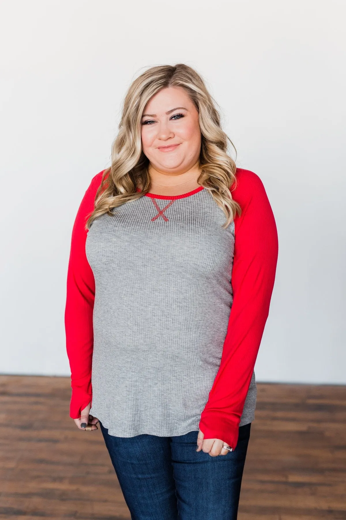 Season Awaits Long Sleeve Raglan Top- Deep Coral