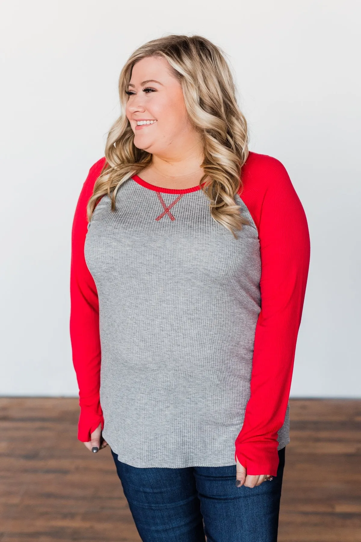 Season Awaits Long Sleeve Raglan Top- Deep Coral