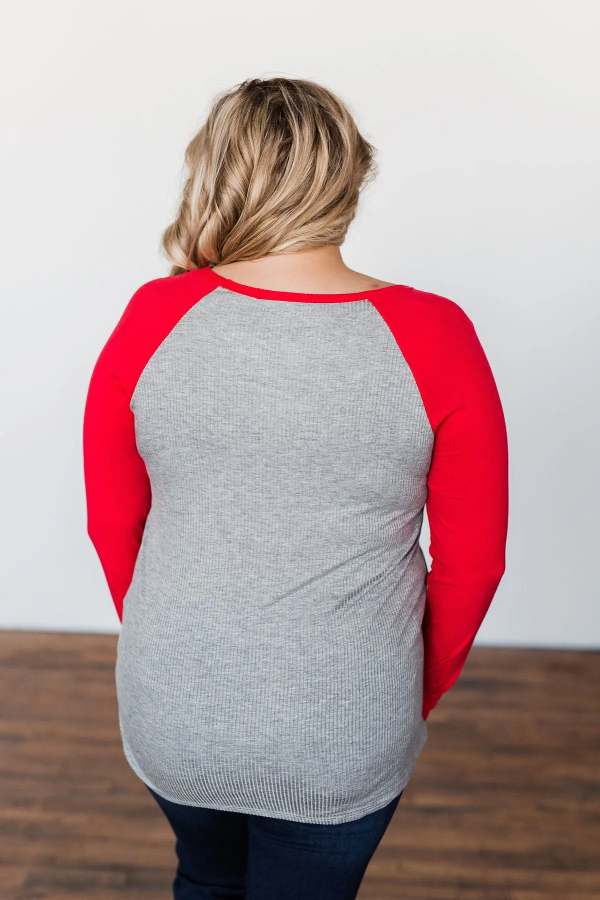 Season Awaits Long Sleeve Raglan Top- Deep Coral